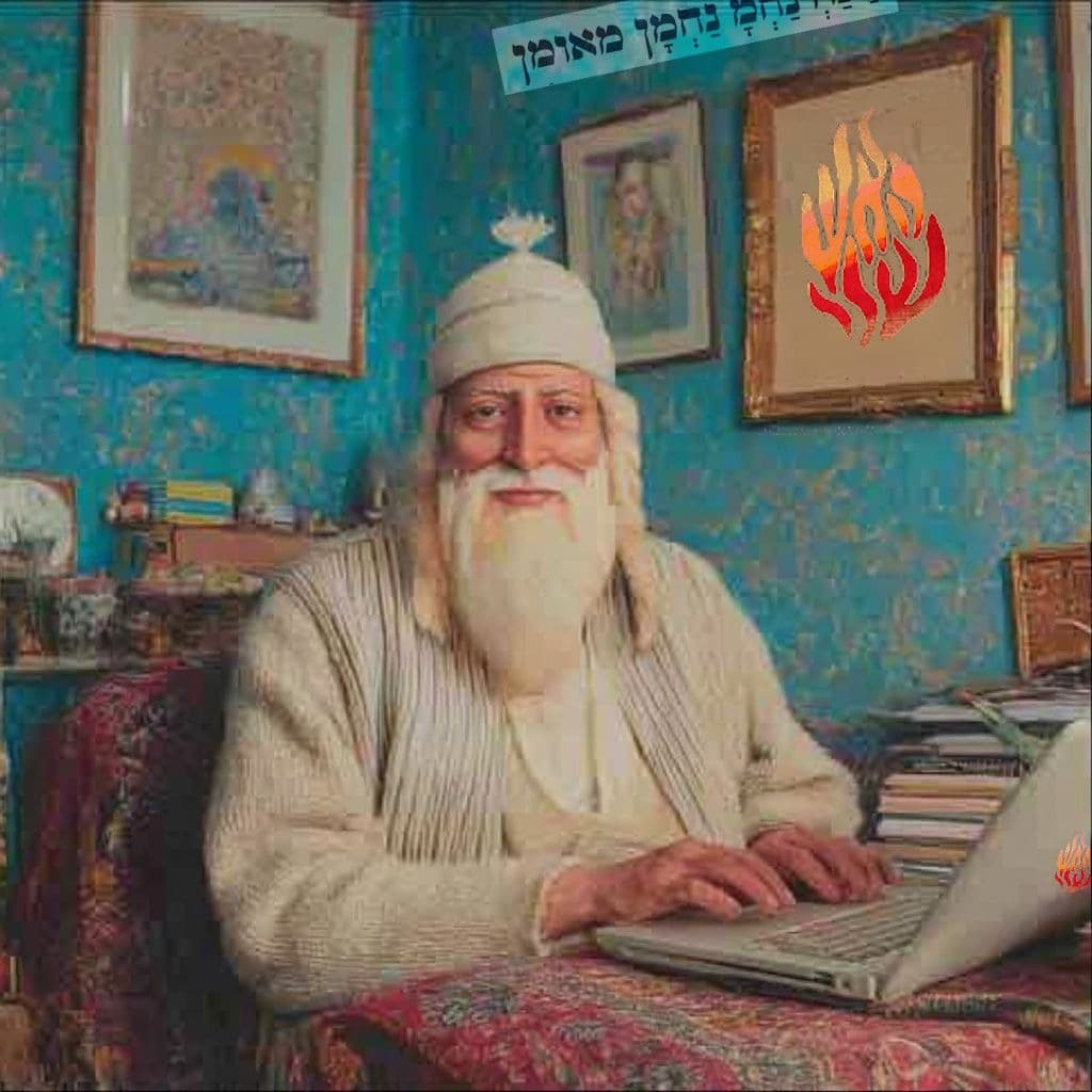 Revolution in Dissemination — Saba Odesser and Rebbe Nachman's teachings in the digital era Artistic illustration of Saba Rabbi Yisroel Dov Odesser at a laptop — symbol of the digital dissemination of Breslov teachings